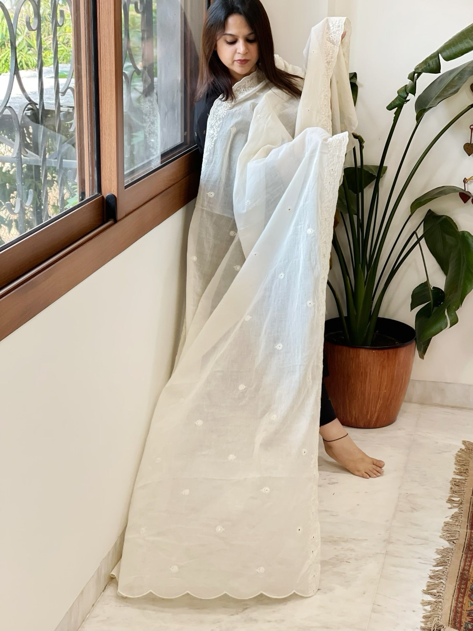 Off - White Cotton Dupatta with Embroidery - Masakalee