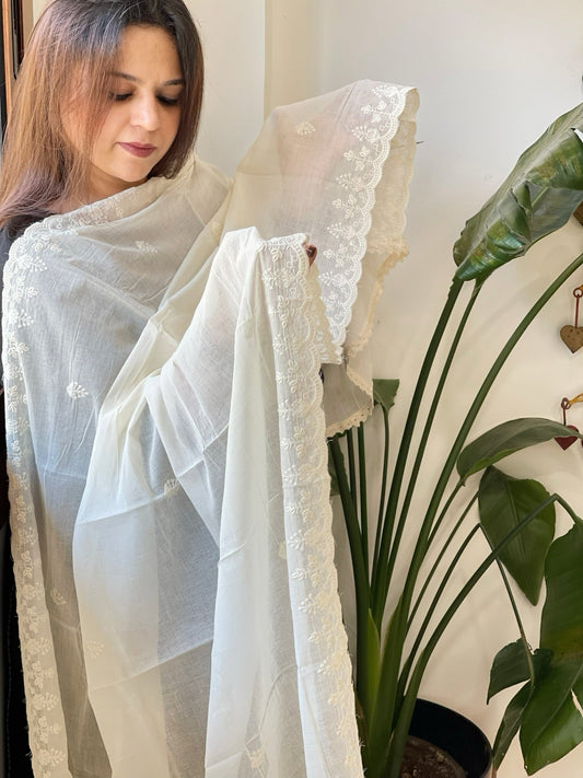 Off - White Cotton Dupatta with Embroidery - Masakalee