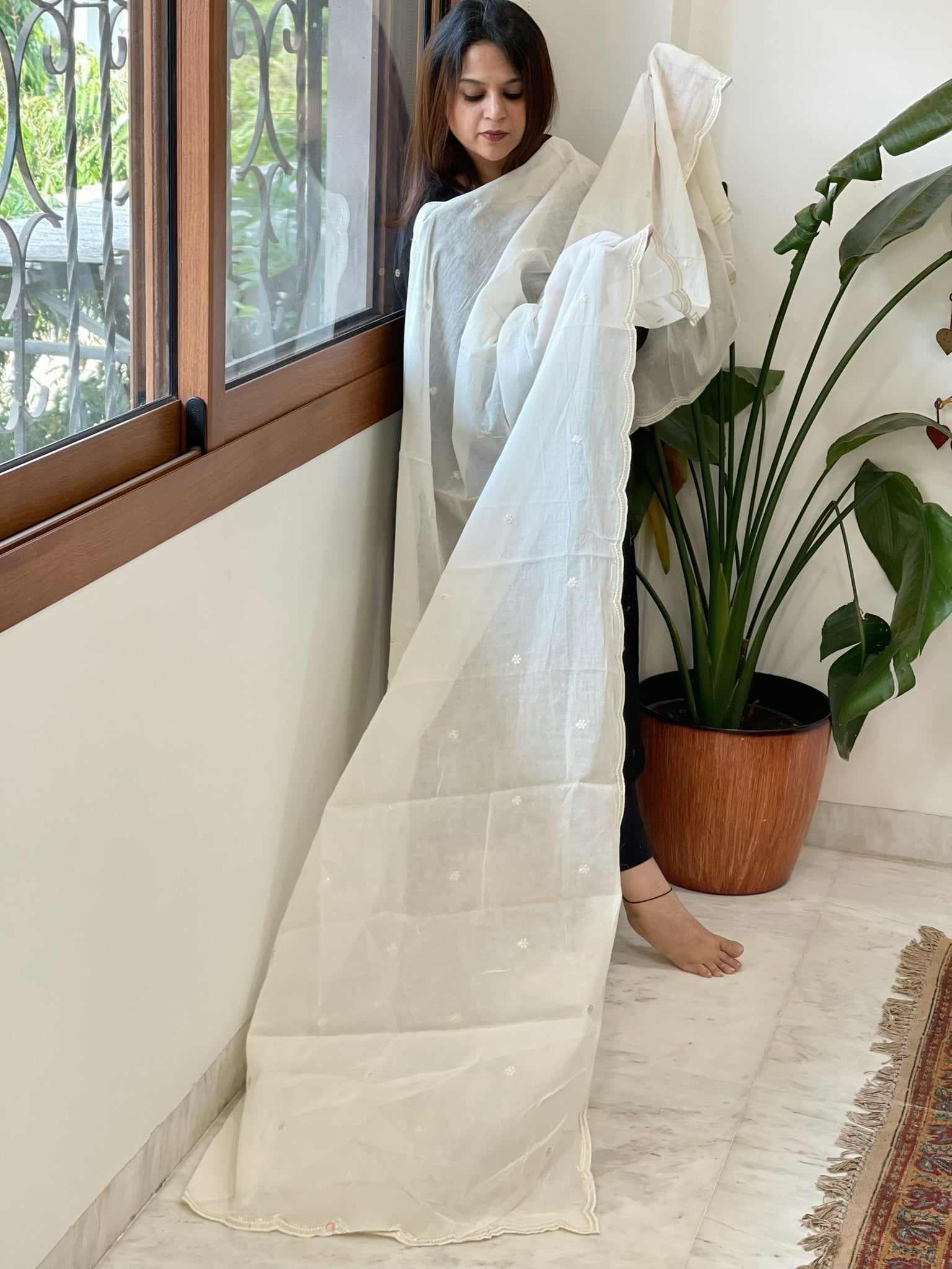 Off - White Cotton Dupatta with Embroidery - Masakalee