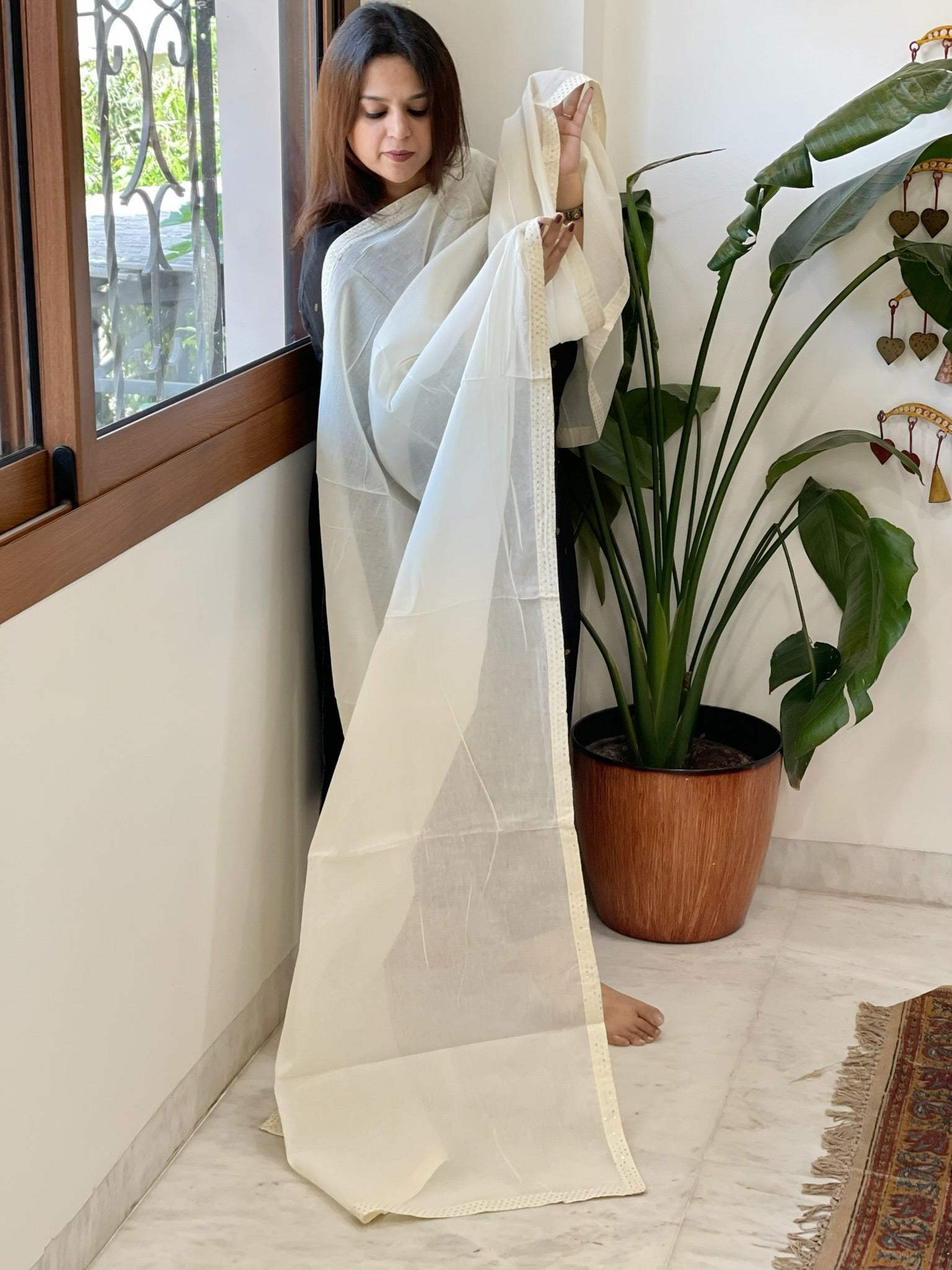 Off - White Cotton Dupatta with Embroidery - Masakalee