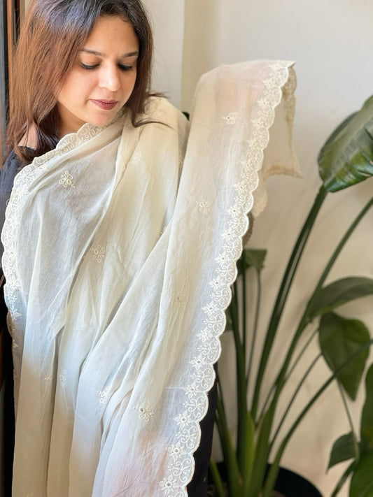 Off - White Cotton Dupatta with Embroidery - Masakalee