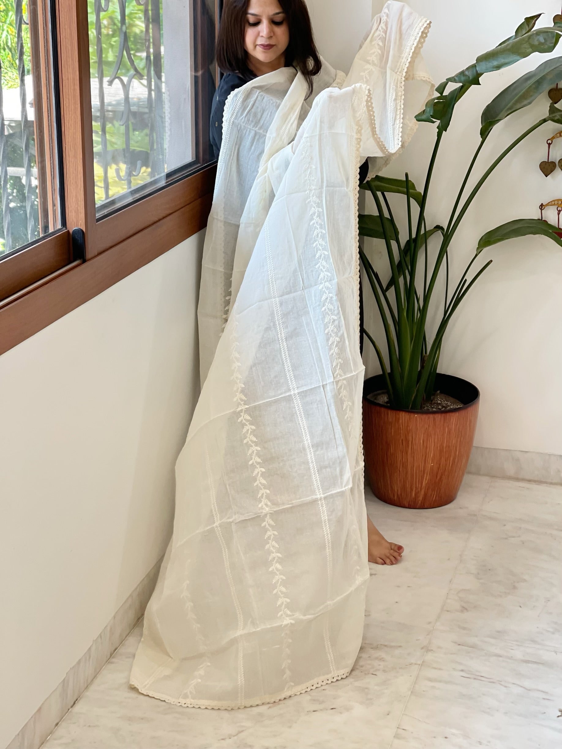 Off-White Cotton Dupatta with Embroidery - Masakalee