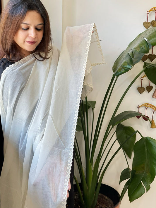 Off - White Cotton Dupatta with Embroidery - Masakalee