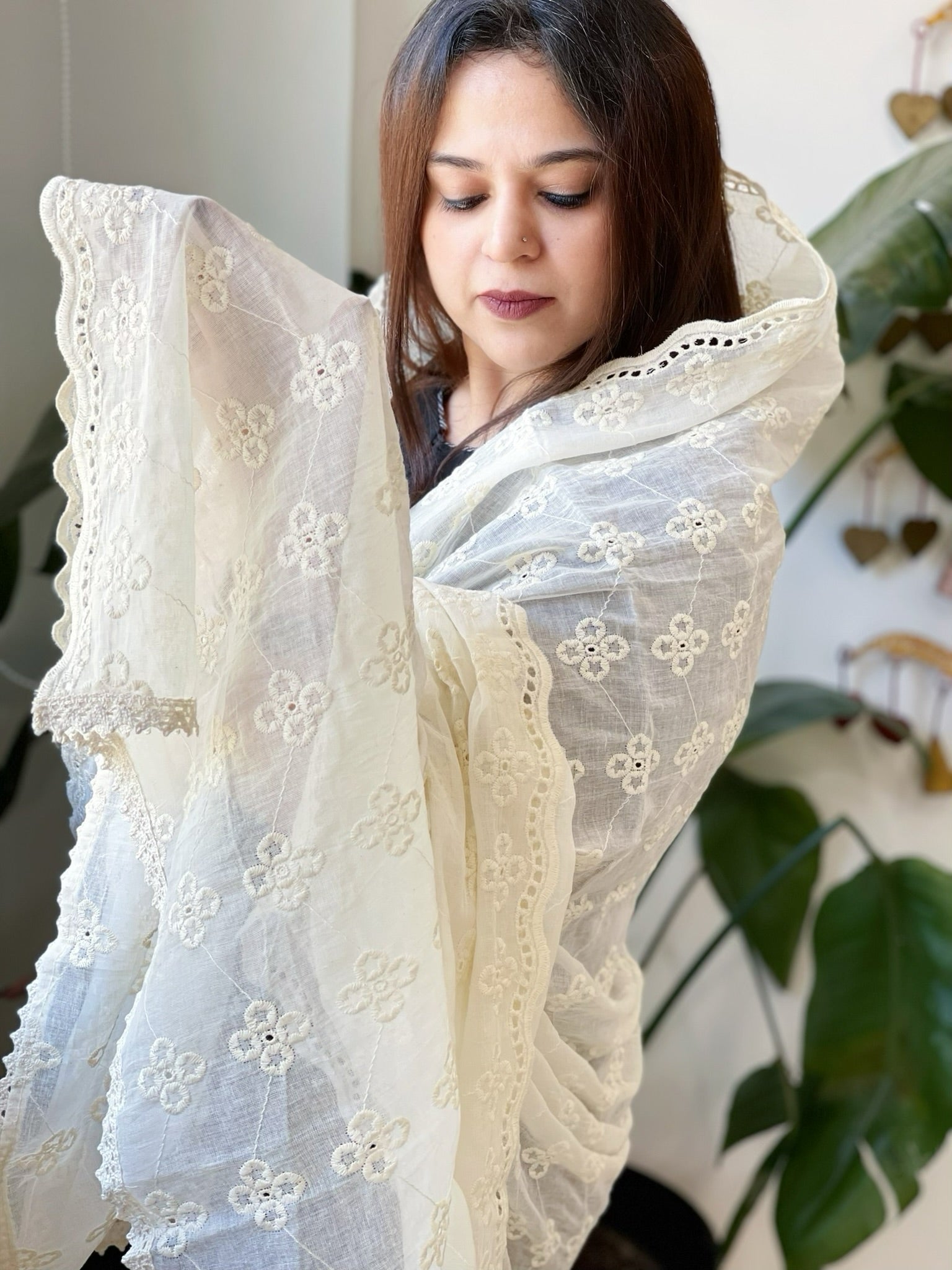 Off - White Cotton Dupatta with Embroidery - Masakalee