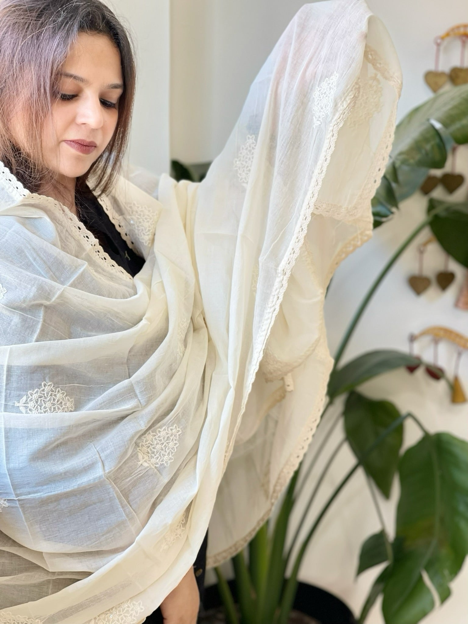 Off - White Cotton Dupatta with Embroidery - Masakalee