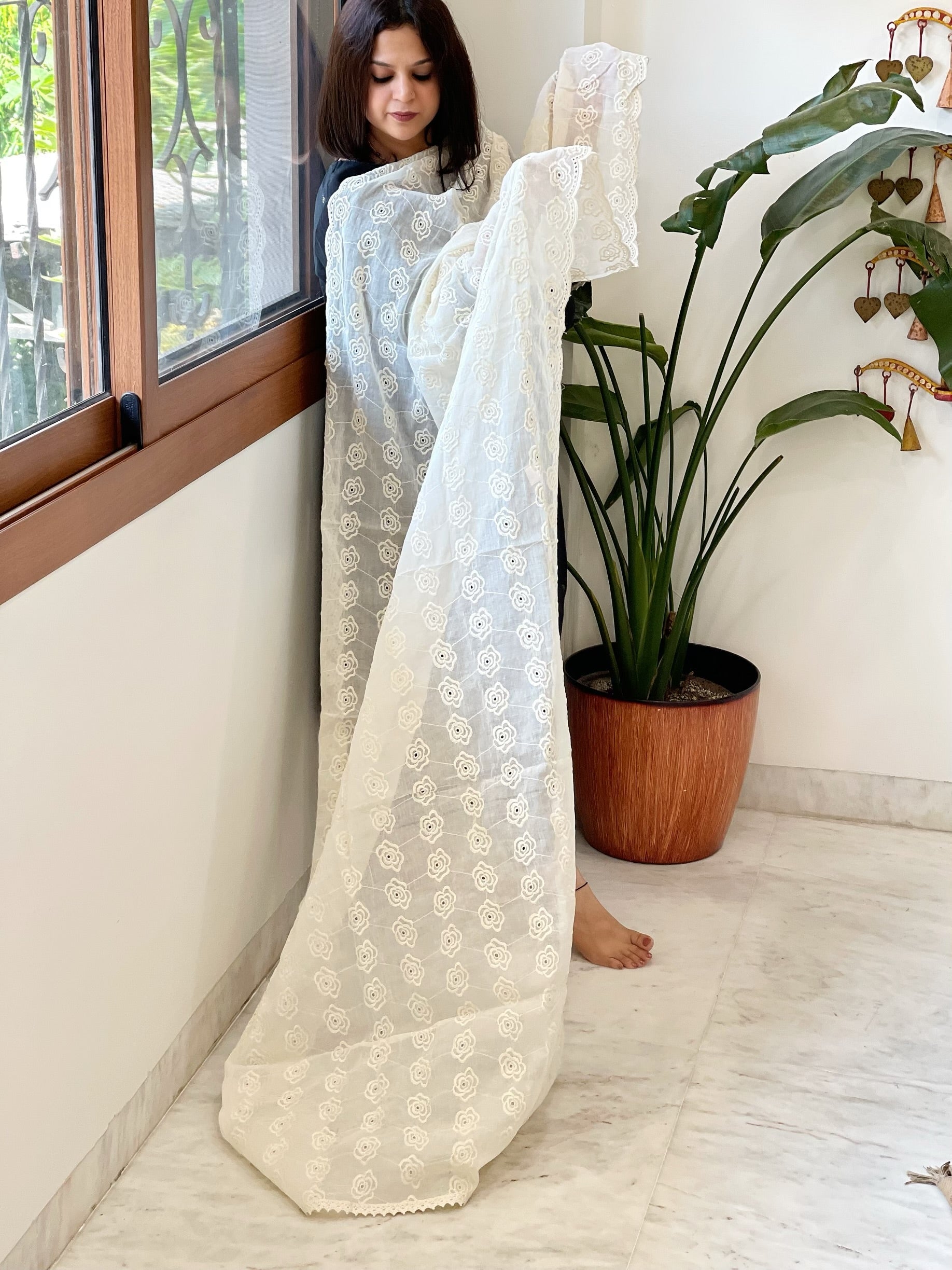 Off-White Cotton Dupatta with Embroidery - Masakalee