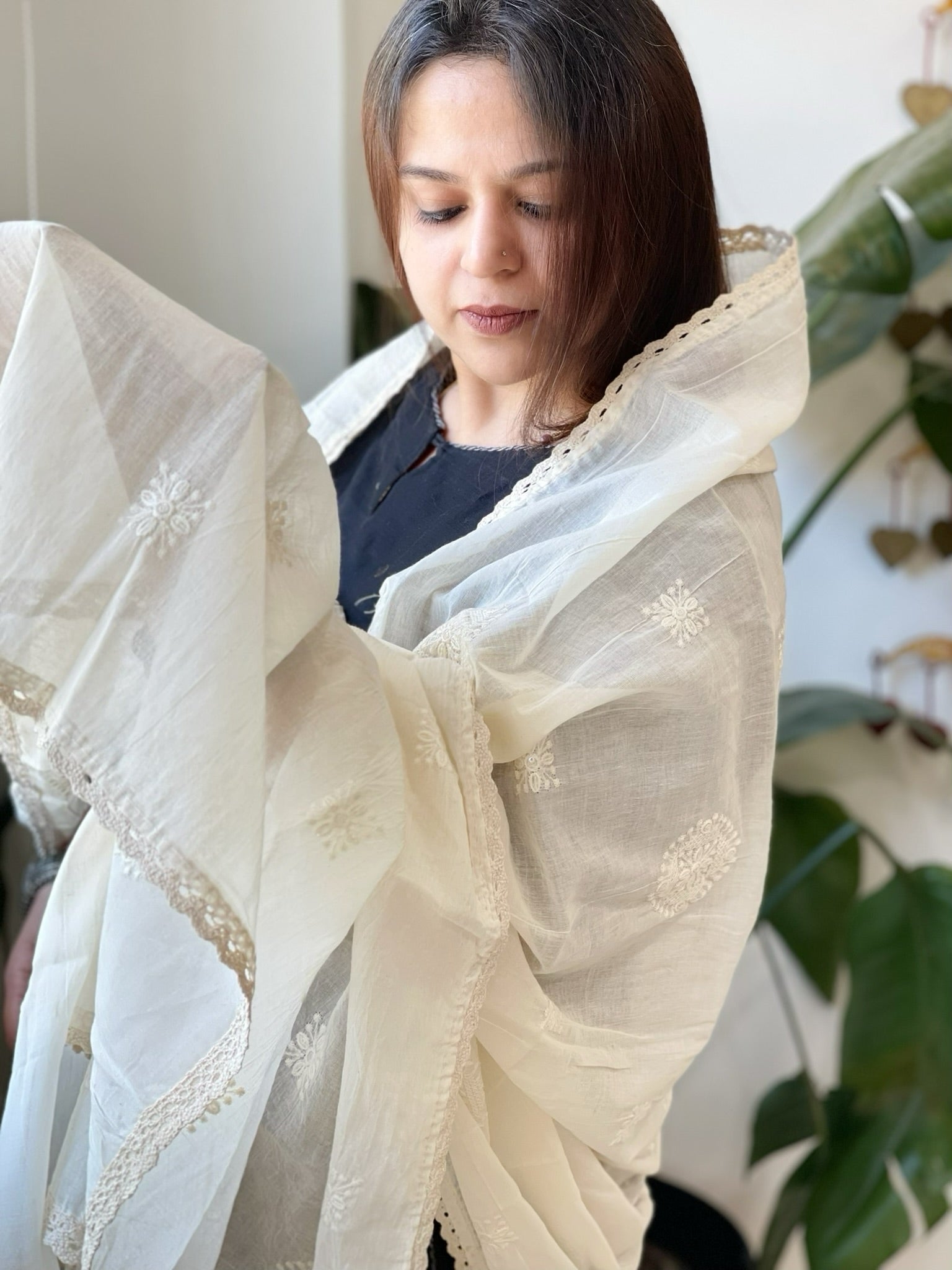 Off - White Cotton Dupatta with Embroidery - Masakalee