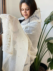 Off - White Cotton Dupatta with Embroidery - Masakalee