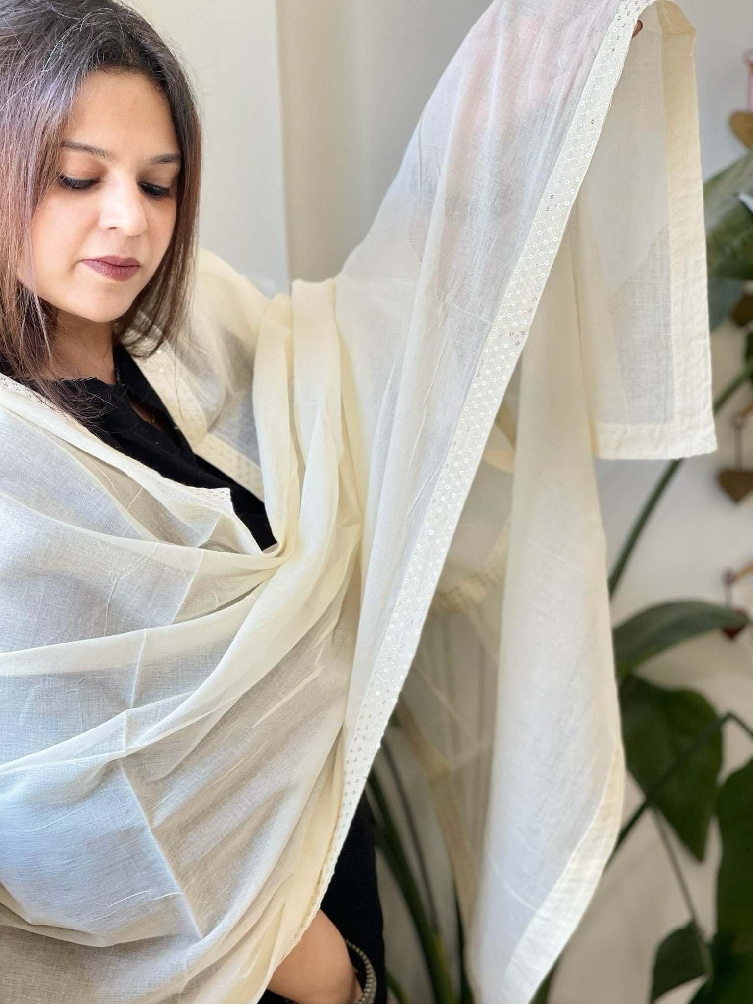 Off - White Cotton Dupatta with Embroidery - Masakalee