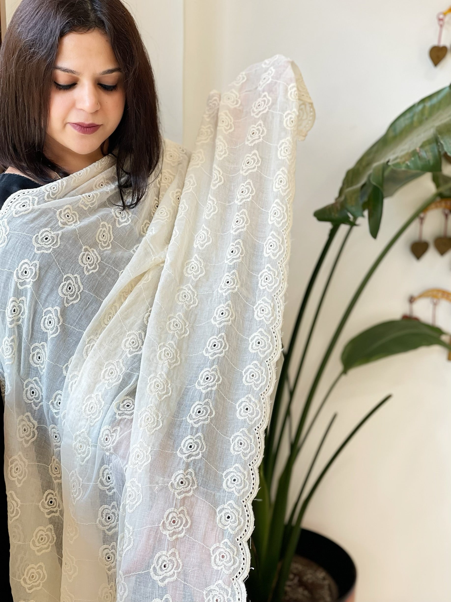Off-White Cotton Dupatta with Embroidery - Masakalee