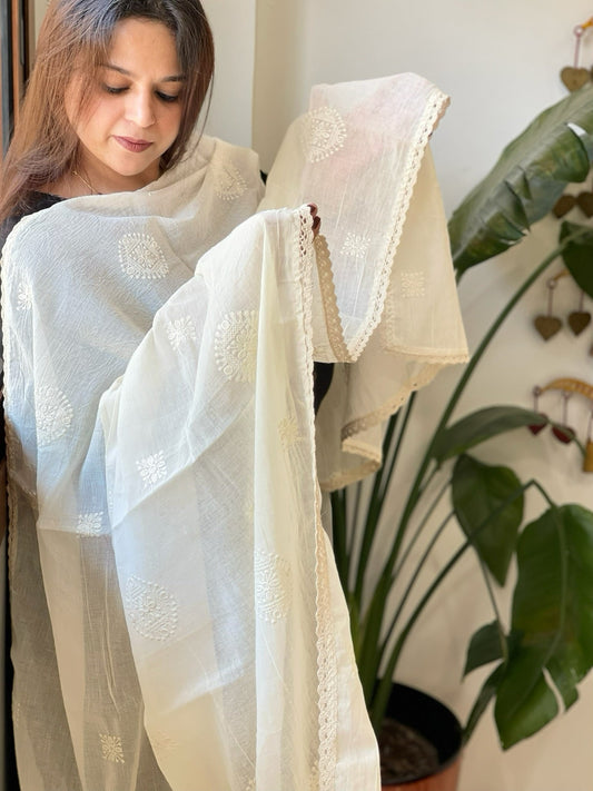 Off - White Cotton Dupatta with Embroidery - Masakalee