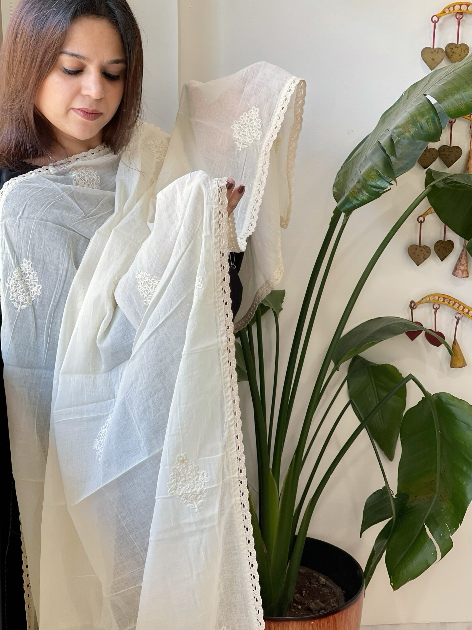 Off - White Cotton Dupatta with Embroidery - Masakalee