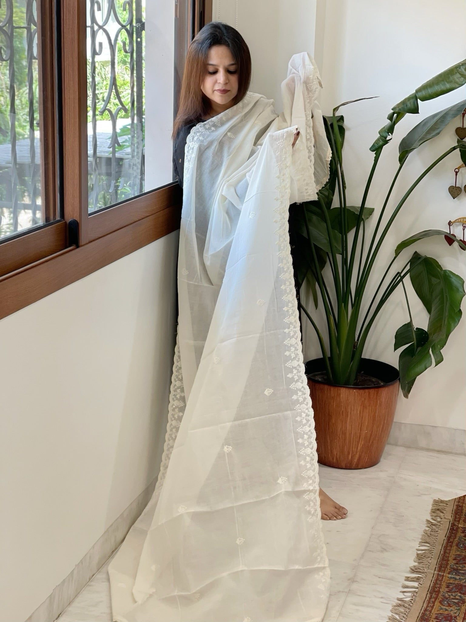 Off - White Cotton Dupatta with Embroidery - Masakalee