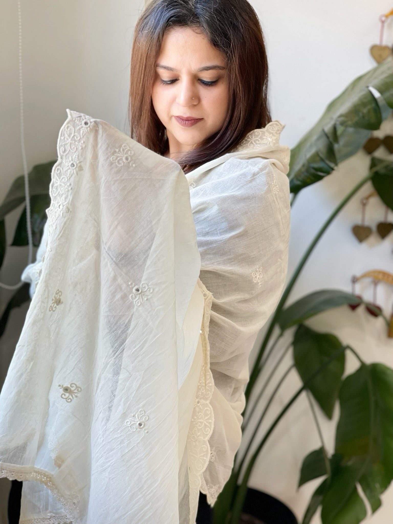 Off - White Cotton Dupatta with Embroidery - Masakalee