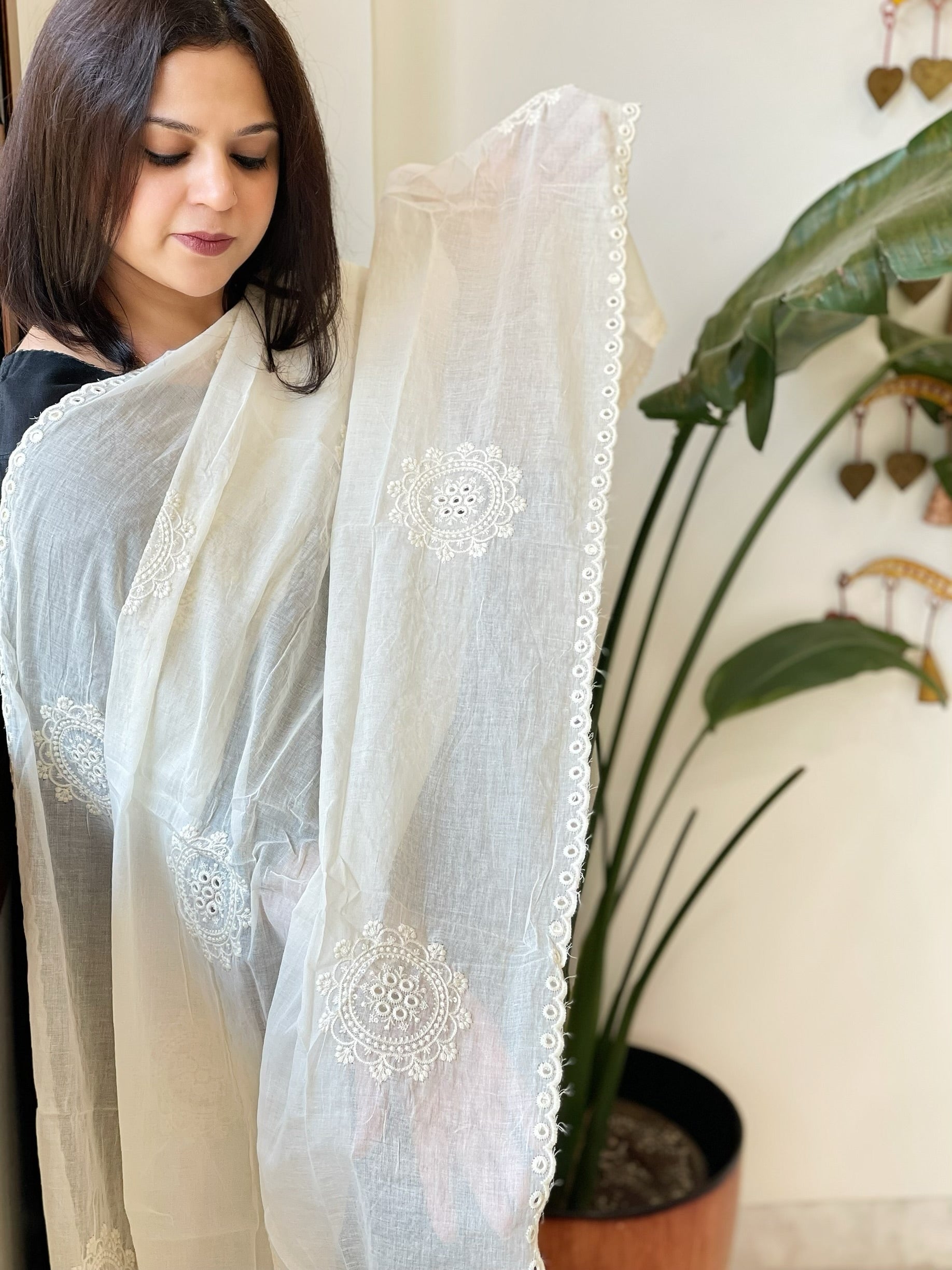 Off-White Cotton Dupatta with Embroidery - Masakalee