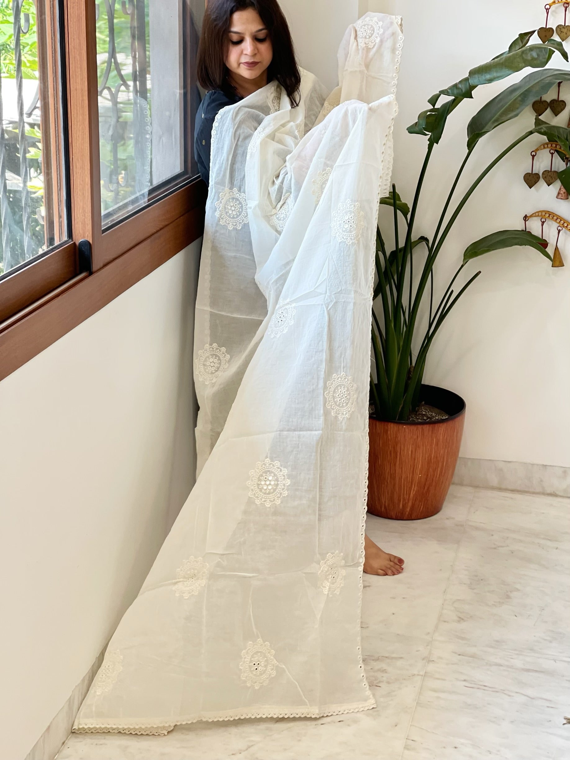 Off-White Cotton Dupatta with Embroidery - Masakalee