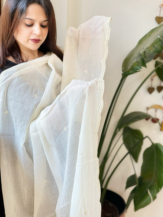 Off - White Cotton Dupatta with Embroidery - Masakalee