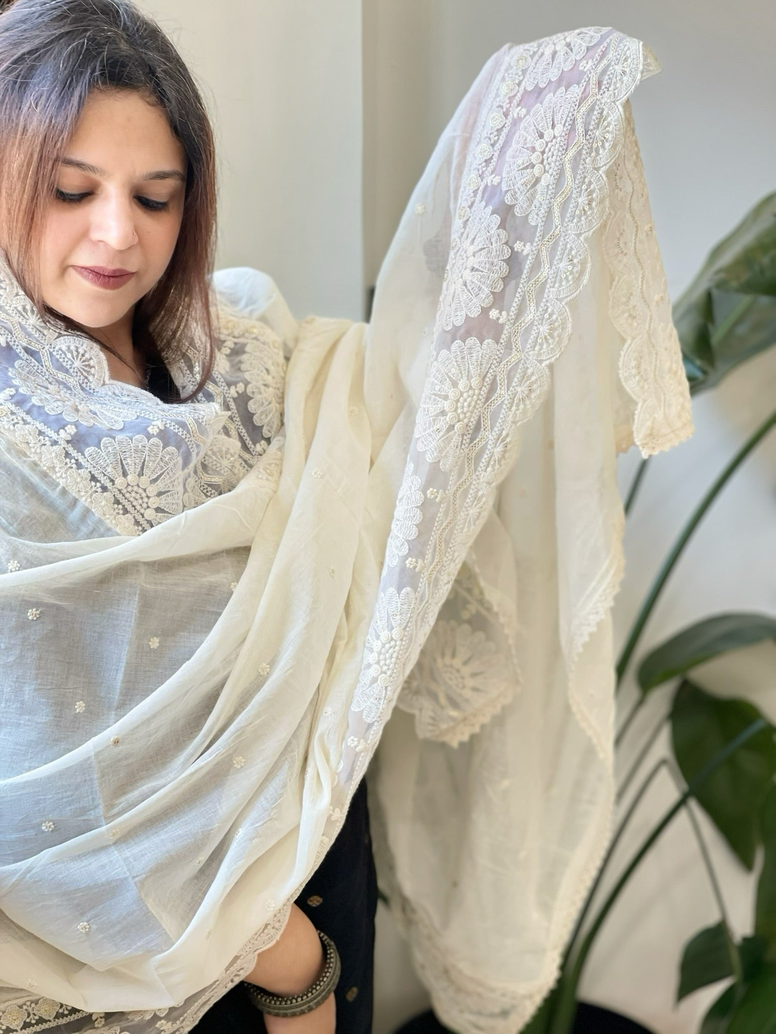 Off - White Cotton Dupatta with Embroidery - Masakalee