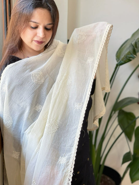 Off - White Cotton Dupatta with Embroidery - Masakalee