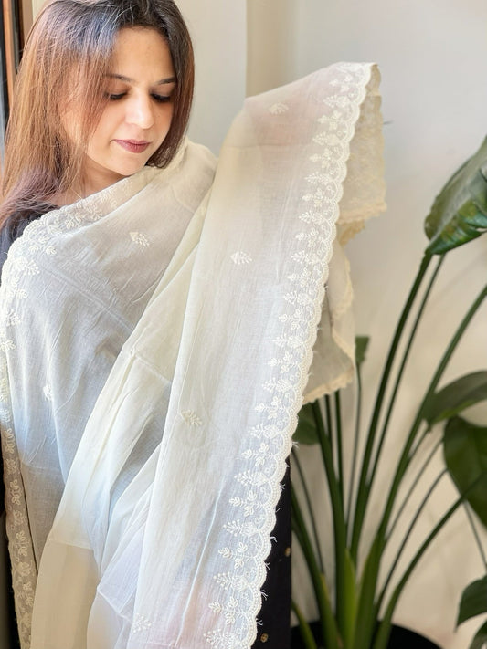Off - White Cotton Dupatta with Embroidery - Masakalee
