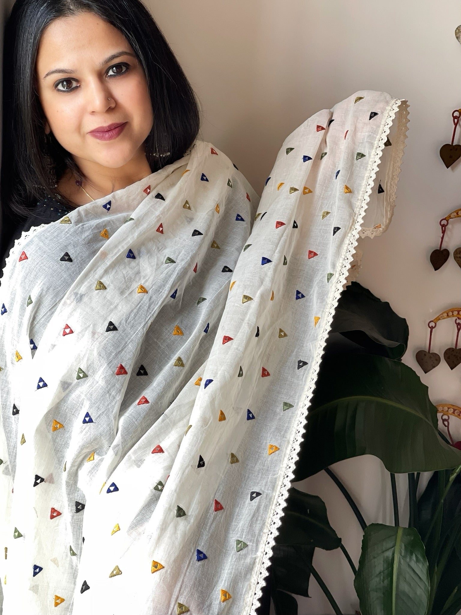 Off - White Cotton Dupatta with Embroidery and Foil Mirror Work - Masakalee