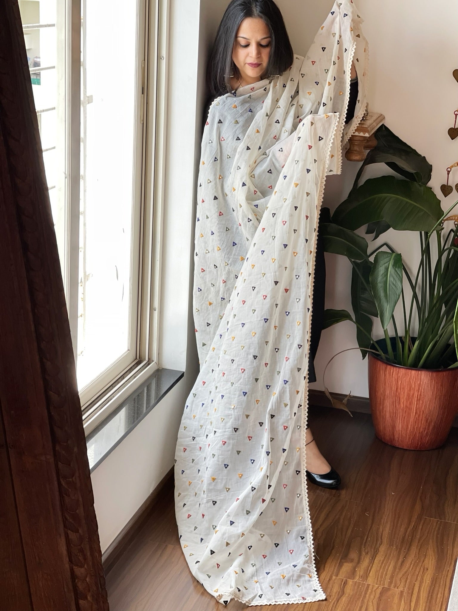 Off - White Cotton Dupatta with Embroidery and Foil Mirror Work - Masakalee