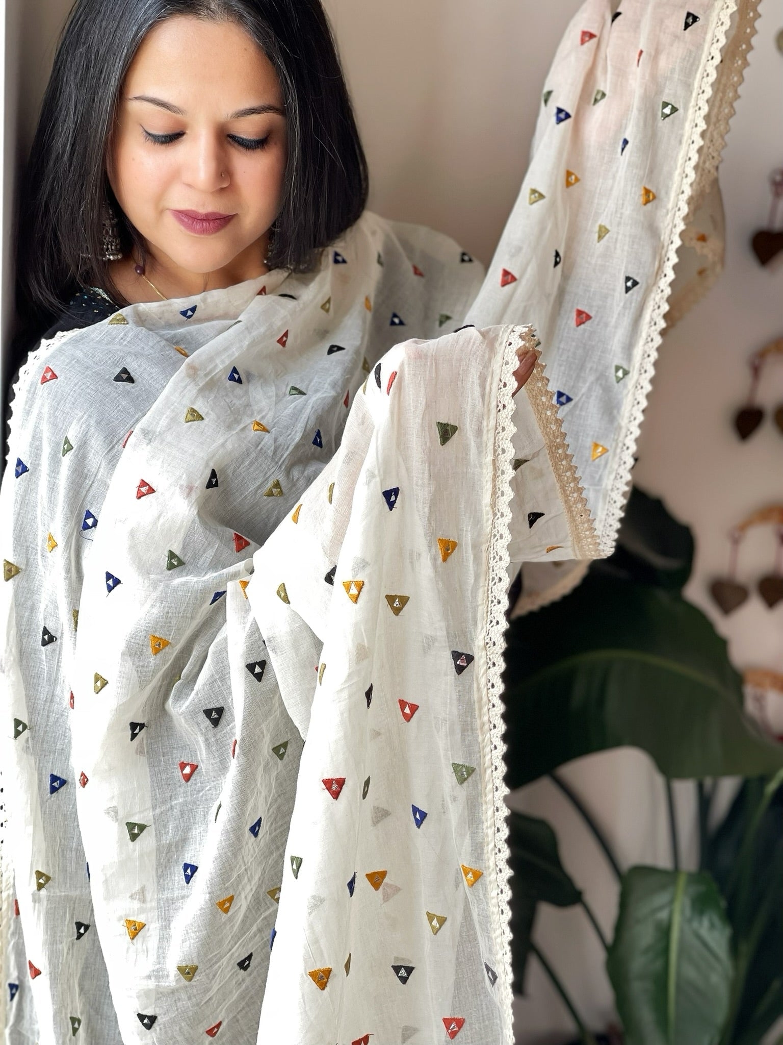 Off - White Cotton Dupatta with Embroidery and Foil Mirror Work - Masakalee