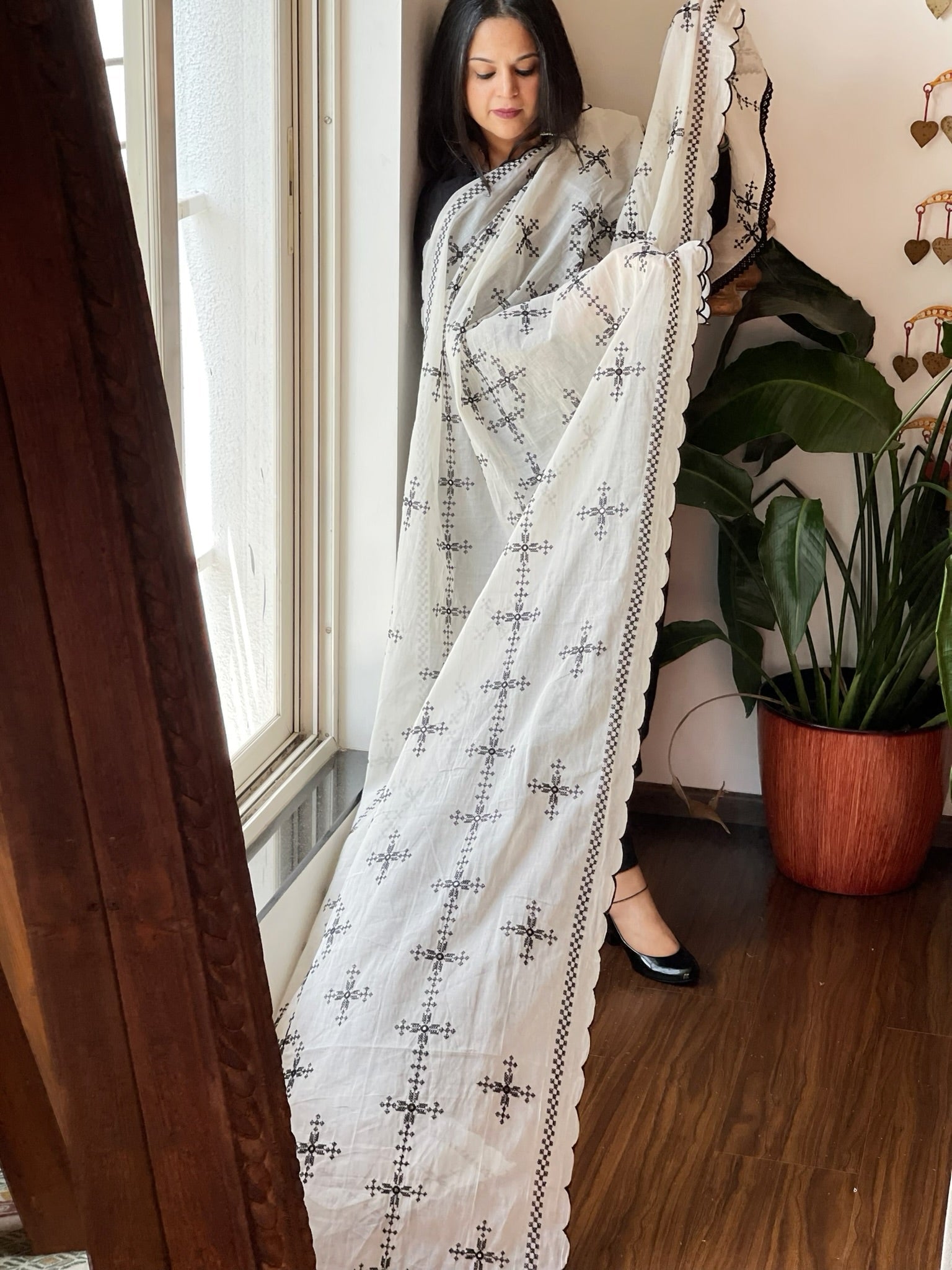 Off - White Cotton Dupatta with Embroidery and Foil Mirror Work - Masakalee