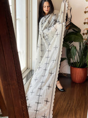 Off - White Cotton Dupatta with Embroidery and Foil Mirror Work - Masakalee
