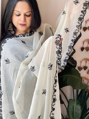 Off - White Cotton Dupatta with Embroidery and Foil Mirror Work - Masakalee