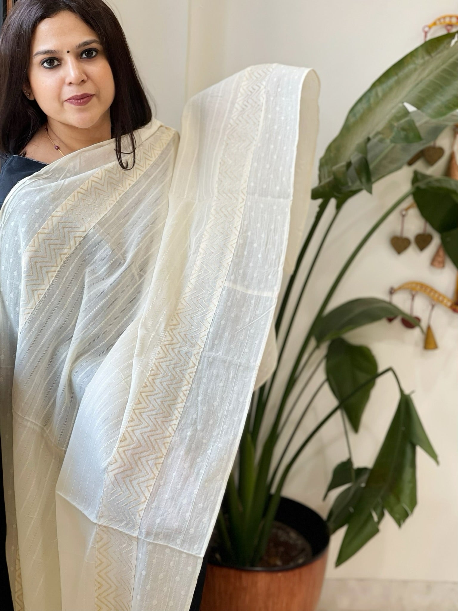 Off-White Cotton Dupatta with Self Weaving - Masakalee