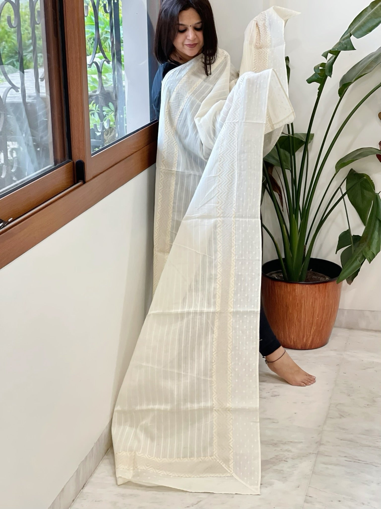 Off-White Cotton Dupatta with Self Weaving - Masakalee