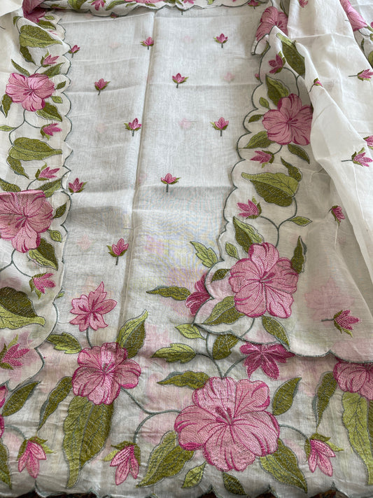 Off-White Dupatta Set with Thread Embroidery in Mul Chanderi - Masakalee