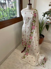 Off-White Dupatta Set with Thread Embroidery in Mul Chanderi - Masakalee