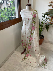 Off-White Dupatta Set with Thread Embroidery in Mul Chanderi - Masakalee