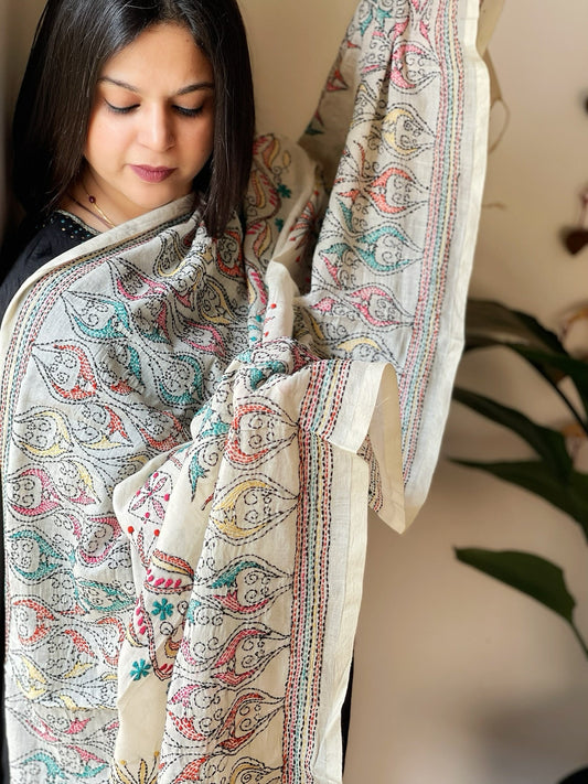 Off - white Handmade Kantha Dupatta in Cotton - Masakalee