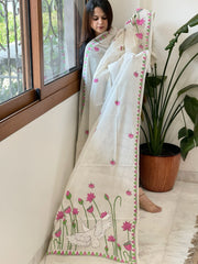 Off - White Handmade Kantha Dupatta in Pure Cotton - Masakalee