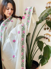 Off - White Handmade Kantha Dupatta in Pure Cotton - Masakalee