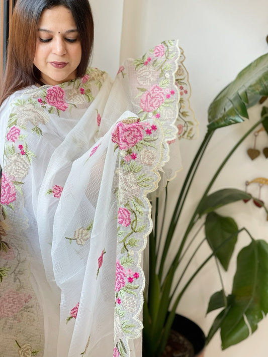 Off - White Kota Cotton Dupatta with Cross - Stitch Embroidered Border - Masakalee