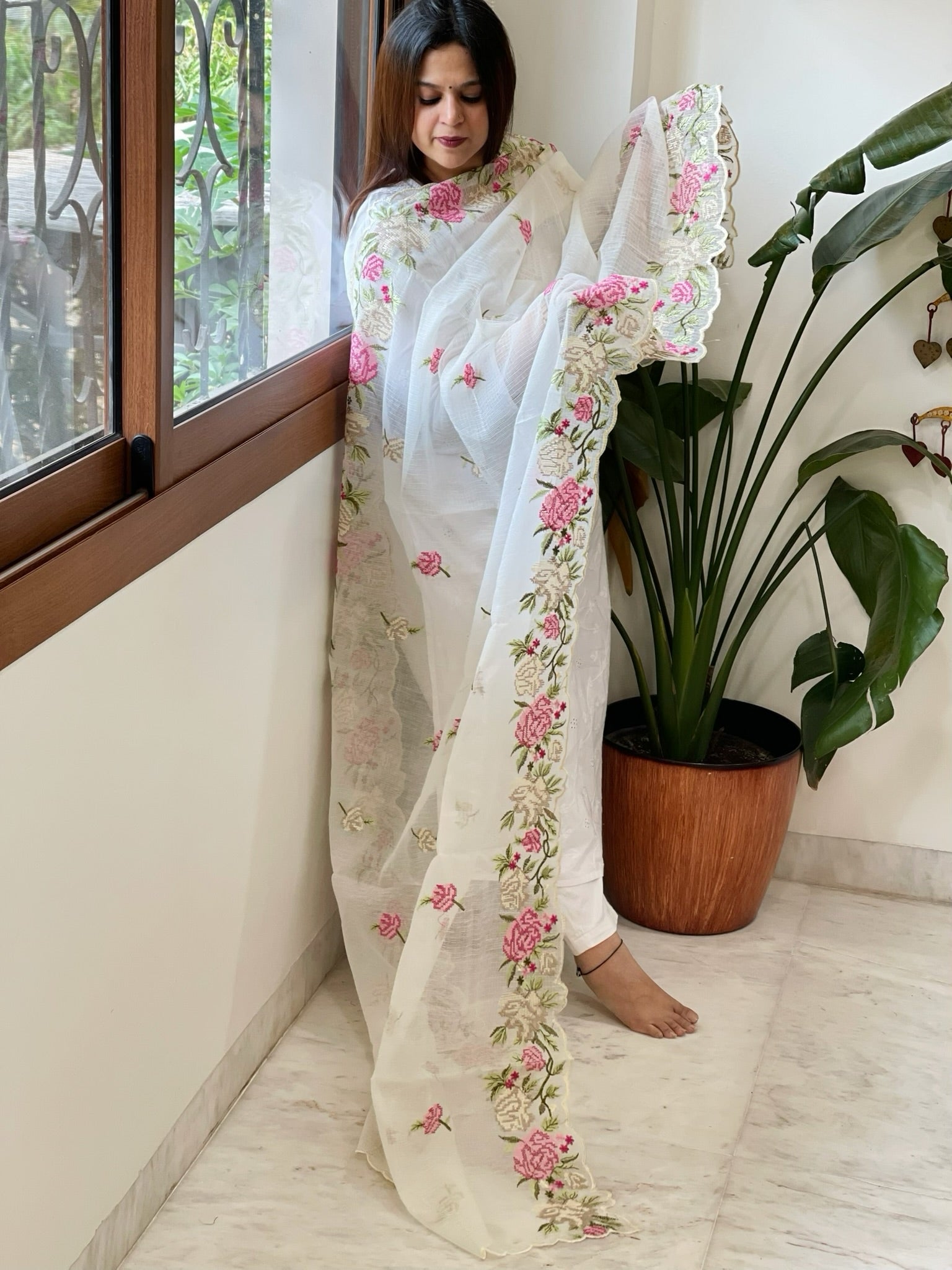 Off - White Kota Cotton Dupatta with Cross - Stitch Embroidered Border - Masakalee