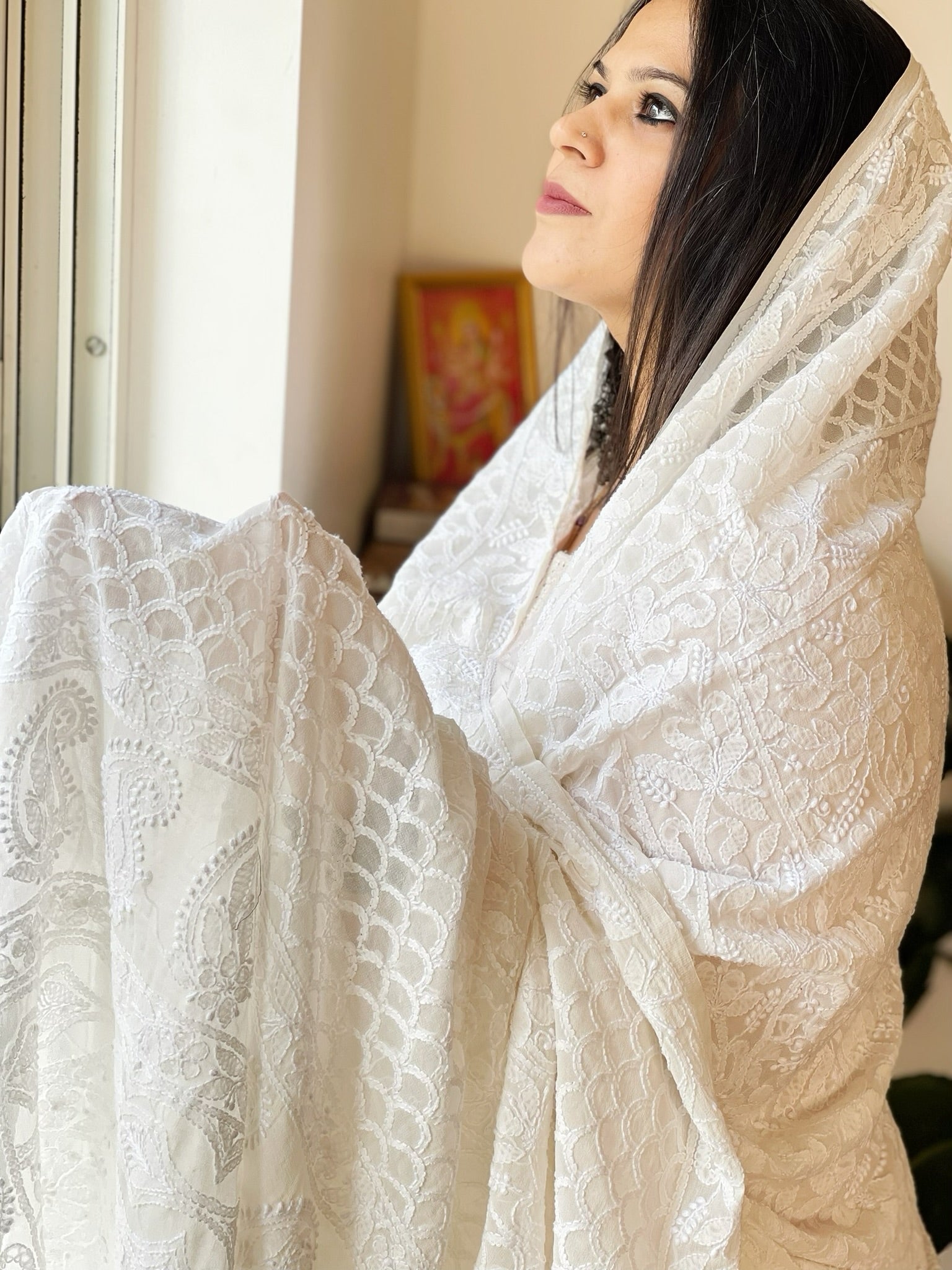 Off - White Lucknowi Handwork Dupatta in Pure Georgette - Masakalee