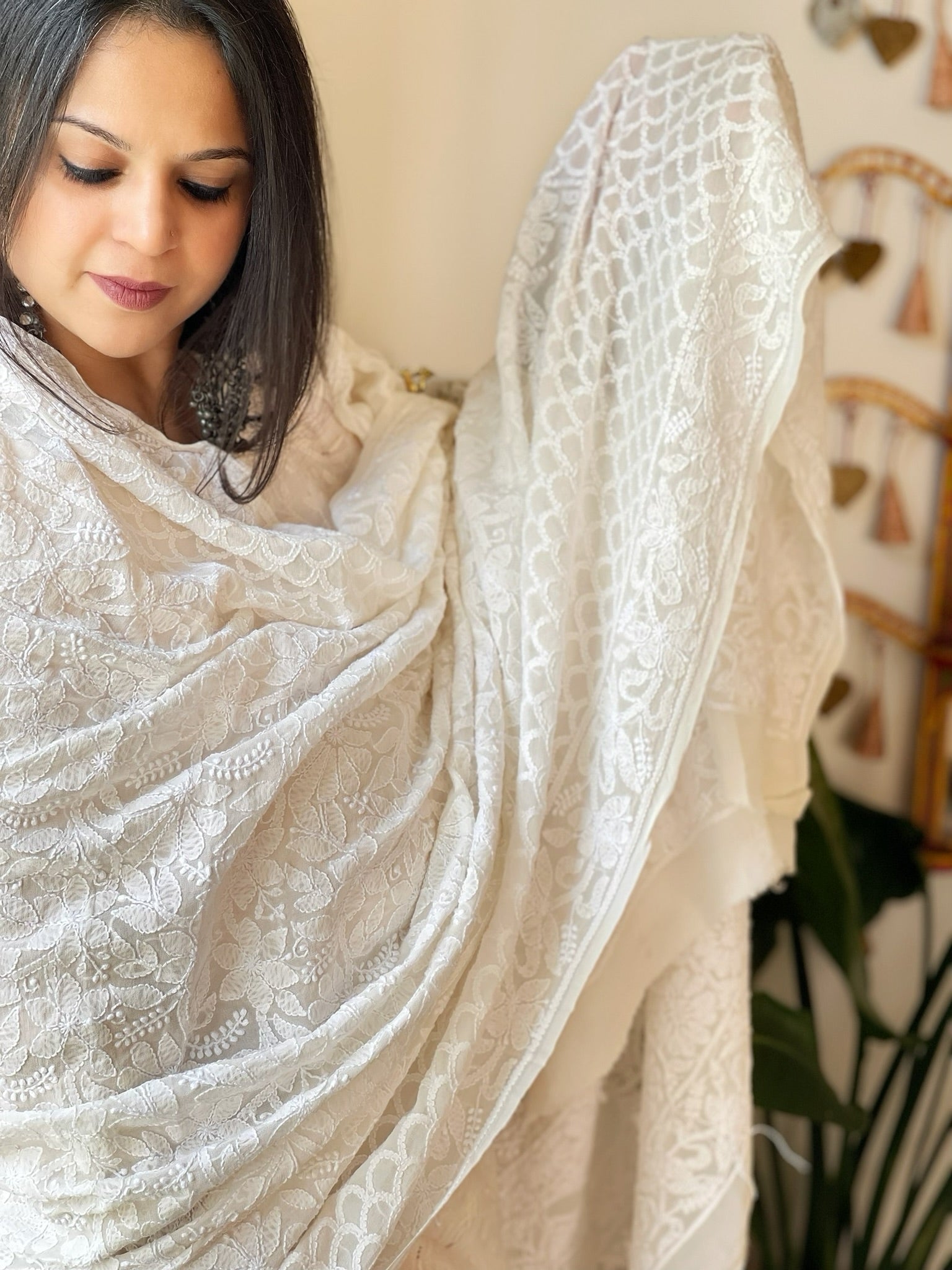 Off - White Lucknowi Handwork Dupatta in Pure Georgette - Masakalee