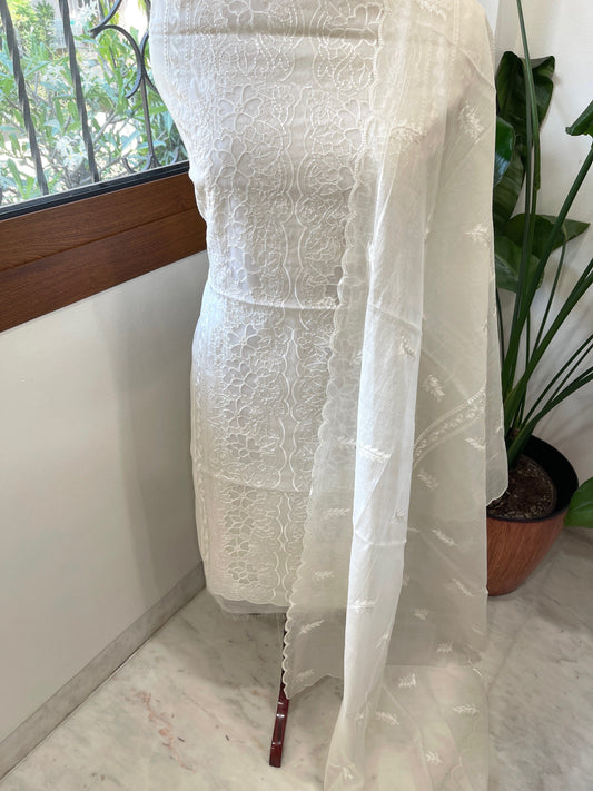 Off - White Mul Chanderi Suit Set with Cut Work - Masakalee