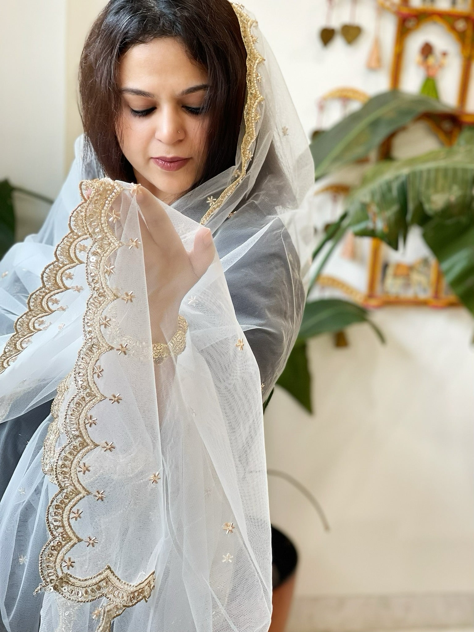 Off-White Net Dupatta with Pearl, Sequin and Cut Daana Embroidery - Masakalee
