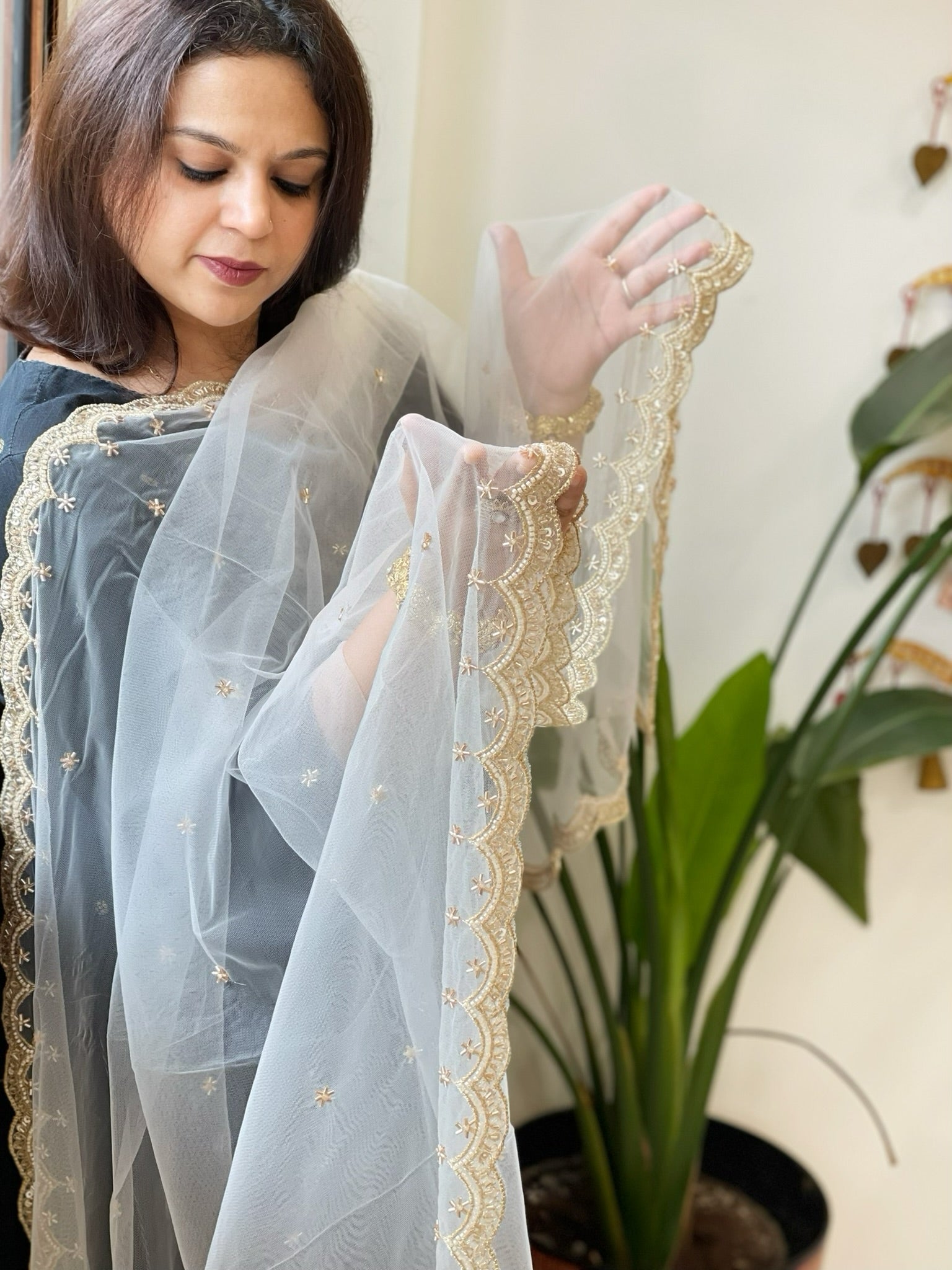 Off-White Net Dupatta with Pearl, Sequin and Cut Daana Embroidery - Masakalee