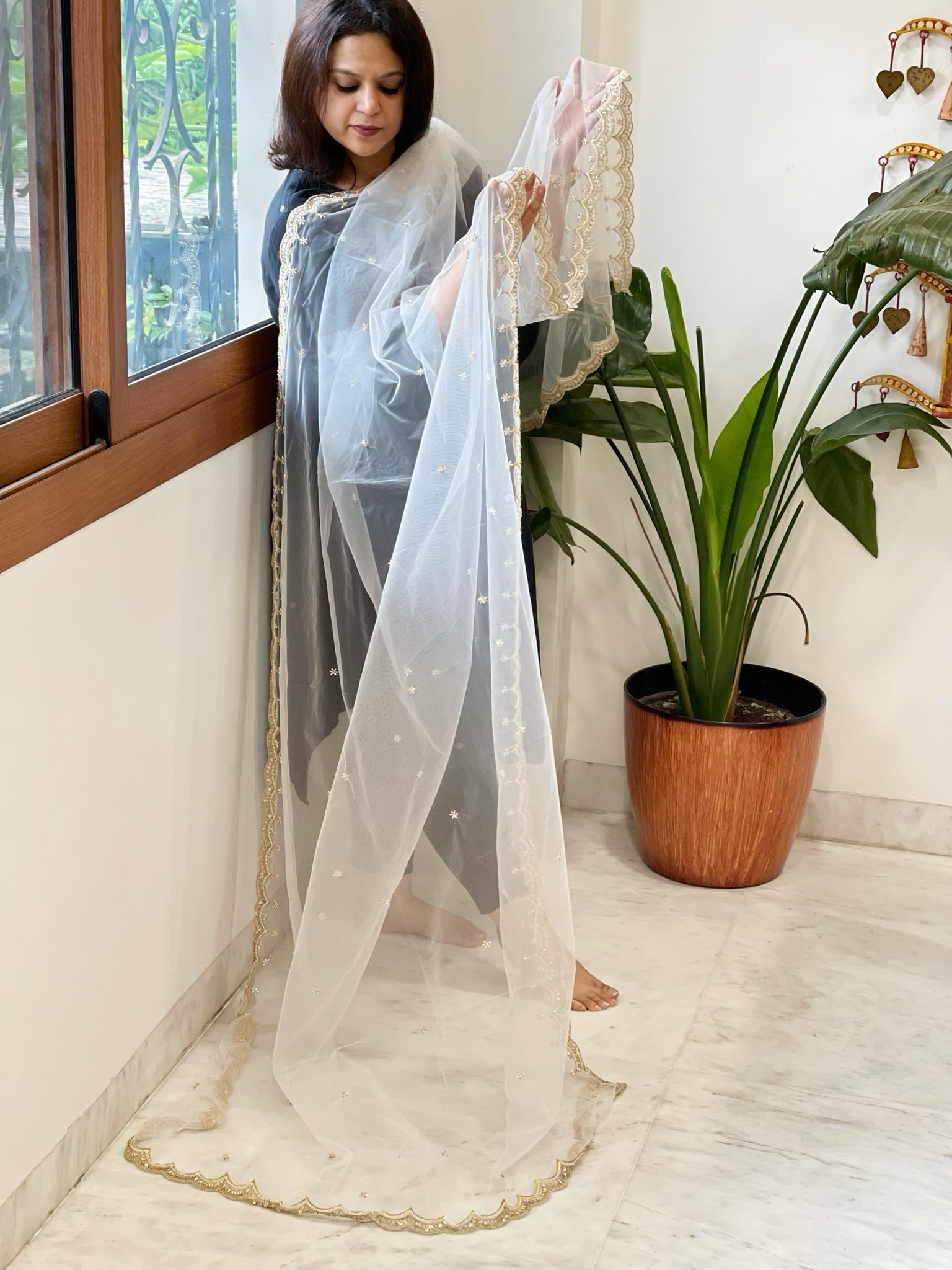 Off-White Net Dupatta with Pearl, Sequin and Cut Daana Embroidery - Masakalee