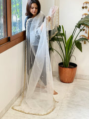 Off-White Net Dupatta with Pearl, Sequin and Cut Daana Embroidery - Masakalee