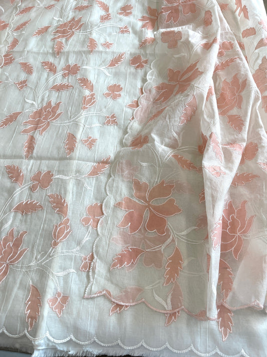 ⁠Off white, Peach Applique Jaal Dupatta Suit Set in Chanderi - Masakalee