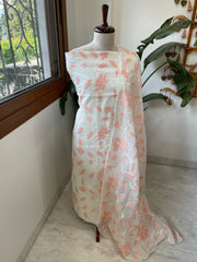 ⁠Off white, Peach Applique Jaal Dupatta Suit Set in Chanderi - Masakalee