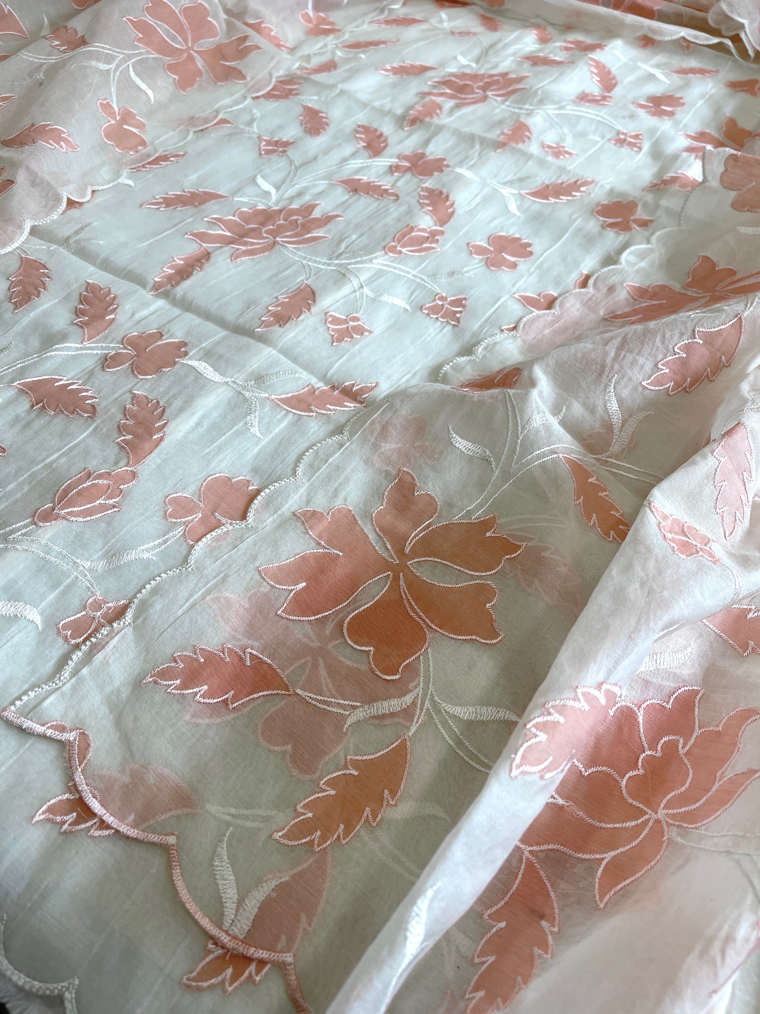⁠Off white, Peach Applique Jaal Dupatta Suit Set in Chanderi - Masakalee